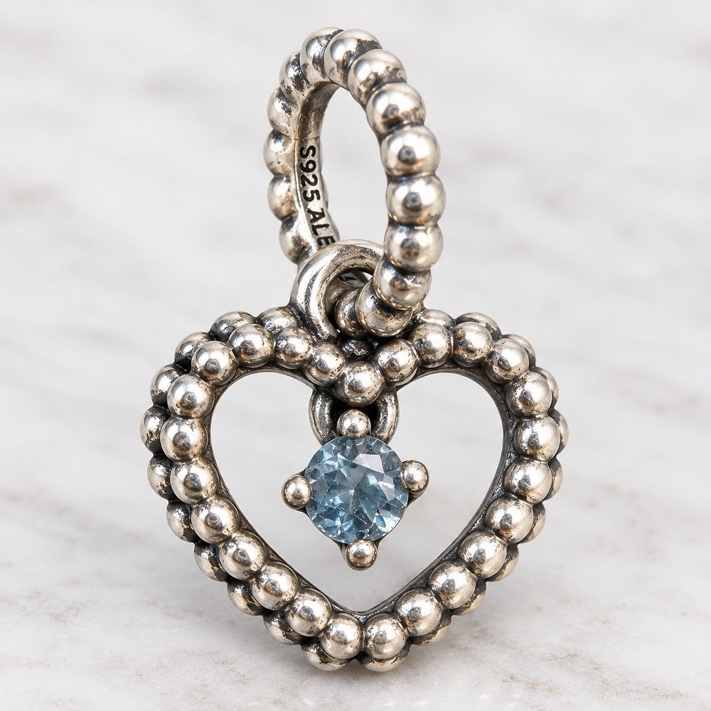Pandora March Aqua Blue Beaded Heart Dangle Charm 798854C01 S925 ALE Sterling
